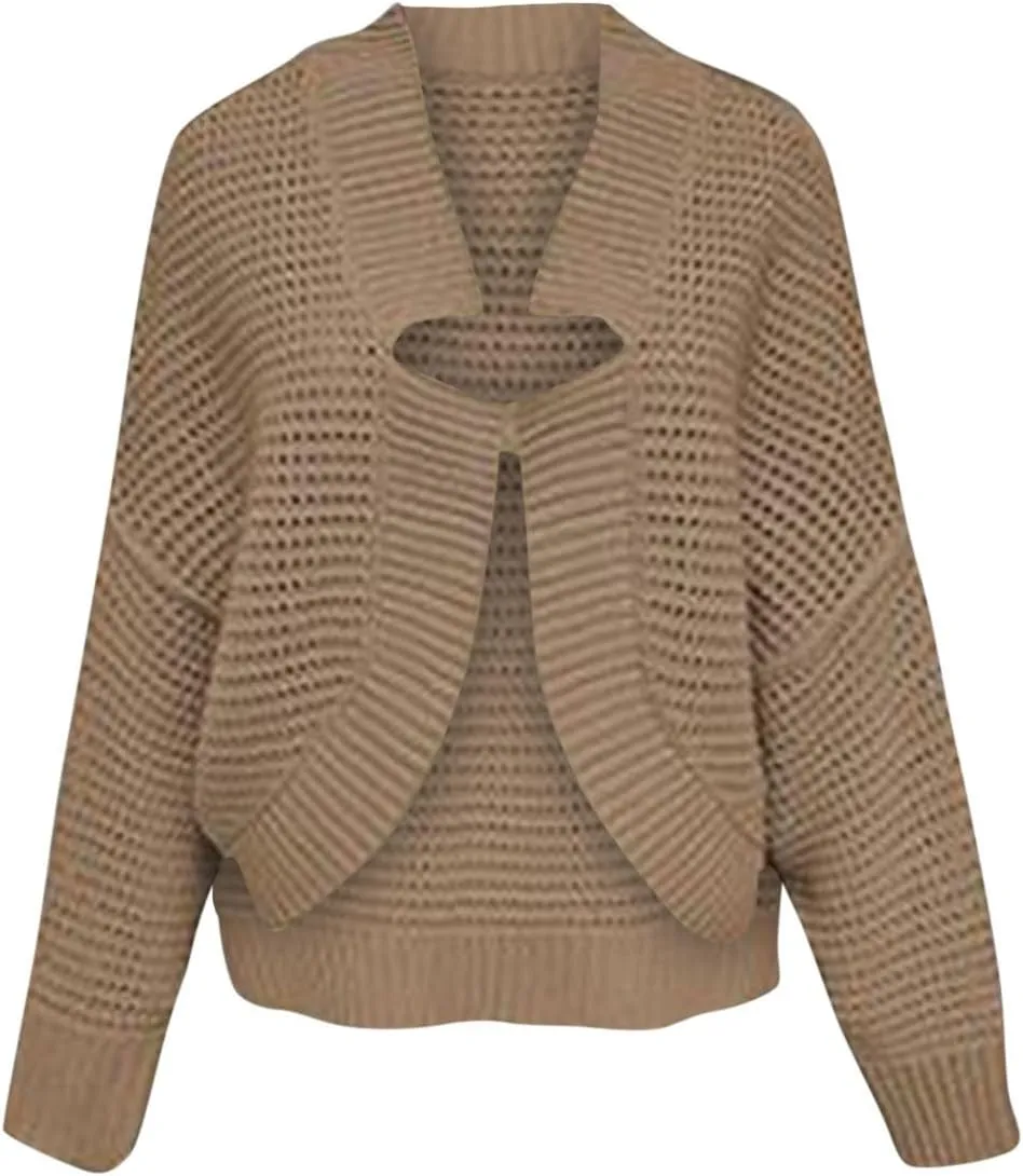 2024 Casual Cardigan For Women Trendy Chunky Batwings Sleeves Cable Knit Sweater Cardigans Soft Notch Collar Cardigan