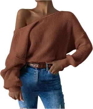 2024 Fall Winter Sweaters for Women Off The Shoulder Sweater Oversized Knit Long Sleeve Sweaters Tunic Tops