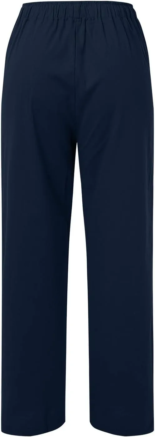 2024 Women's Summer Linen Pants Solid Wide Leg Beach Pants Drawstring Waist Loose Trouser Cotton Linen Yoga Palazzo Pants