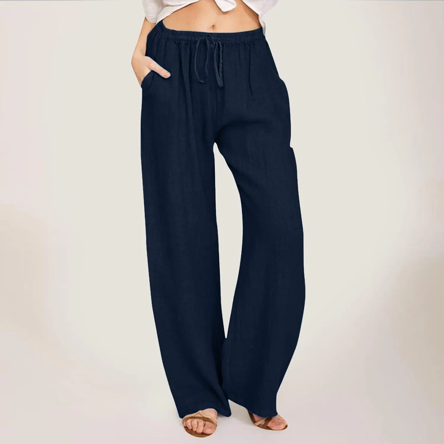 2024 Women's Summer Linen Pants Solid Wide Leg Beach Pants Drawstring Waist Loose Trouser Cotton Linen Yoga Palazzo Pants