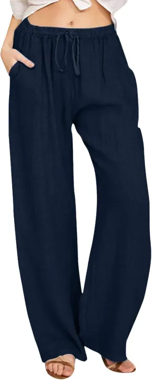 2024 Women's Summer Linen Pants Solid Wide Leg Beach Pants Drawstring Waist Loose Trouser Cotton Linen Yoga Palazzo Pants