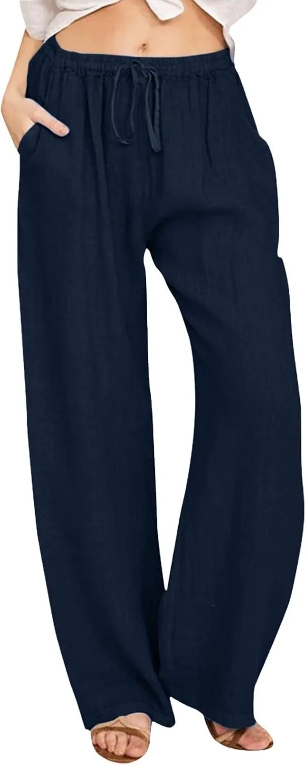 2024 Women's Summer Linen Pants Solid Wide Leg Beach Pants Drawstring Waist Loose Trouser Cotton Linen Yoga Palazzo Pants