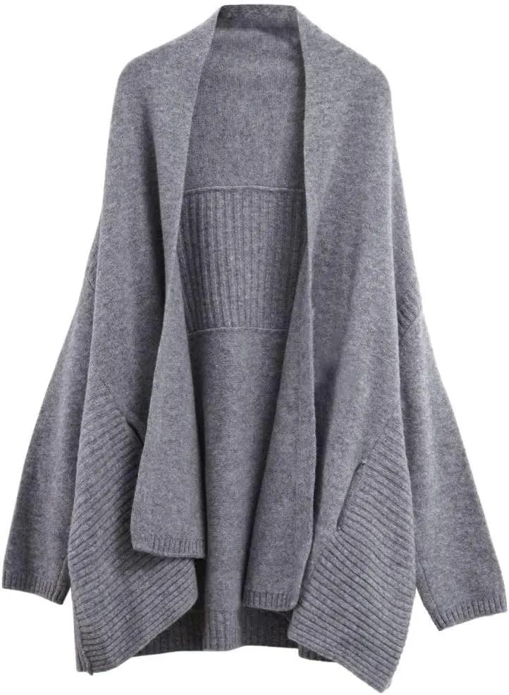 Amazhiyu Women's 100% Wool Open Front Cardigan Sweater Cable Knit Batwing Coats