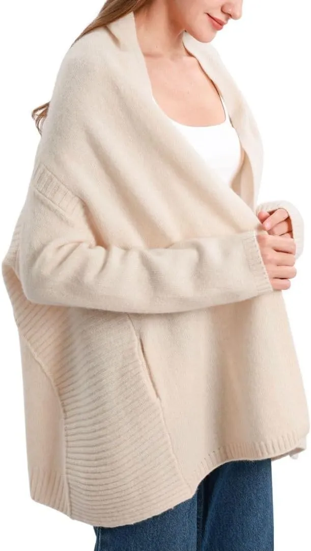 Amazhiyu Women's 100% Wool Open Front Cardigan Sweater Cable Knit Batwing Coats