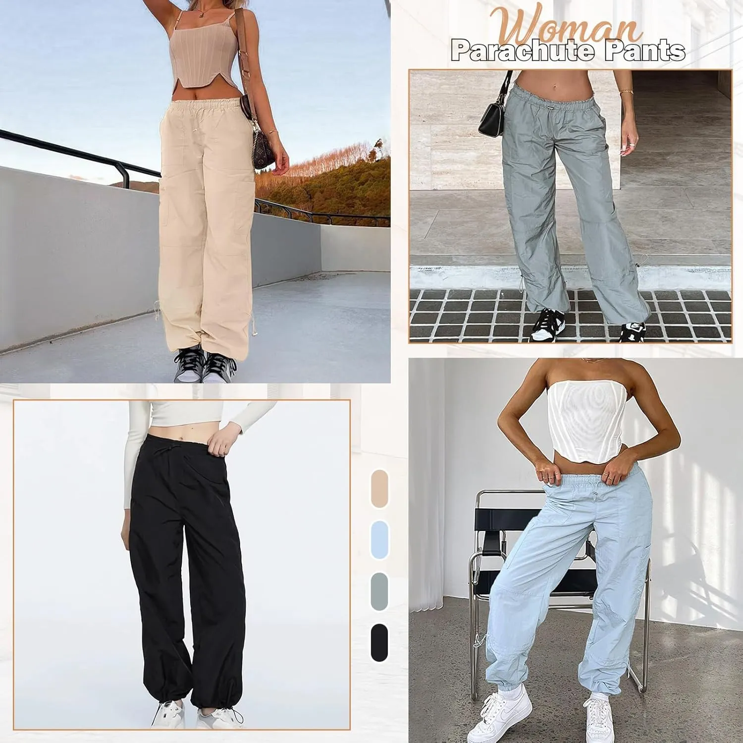 American Trends Parachute Cargo Pants - Women's Y2K Streetwear with Multiple Pockets