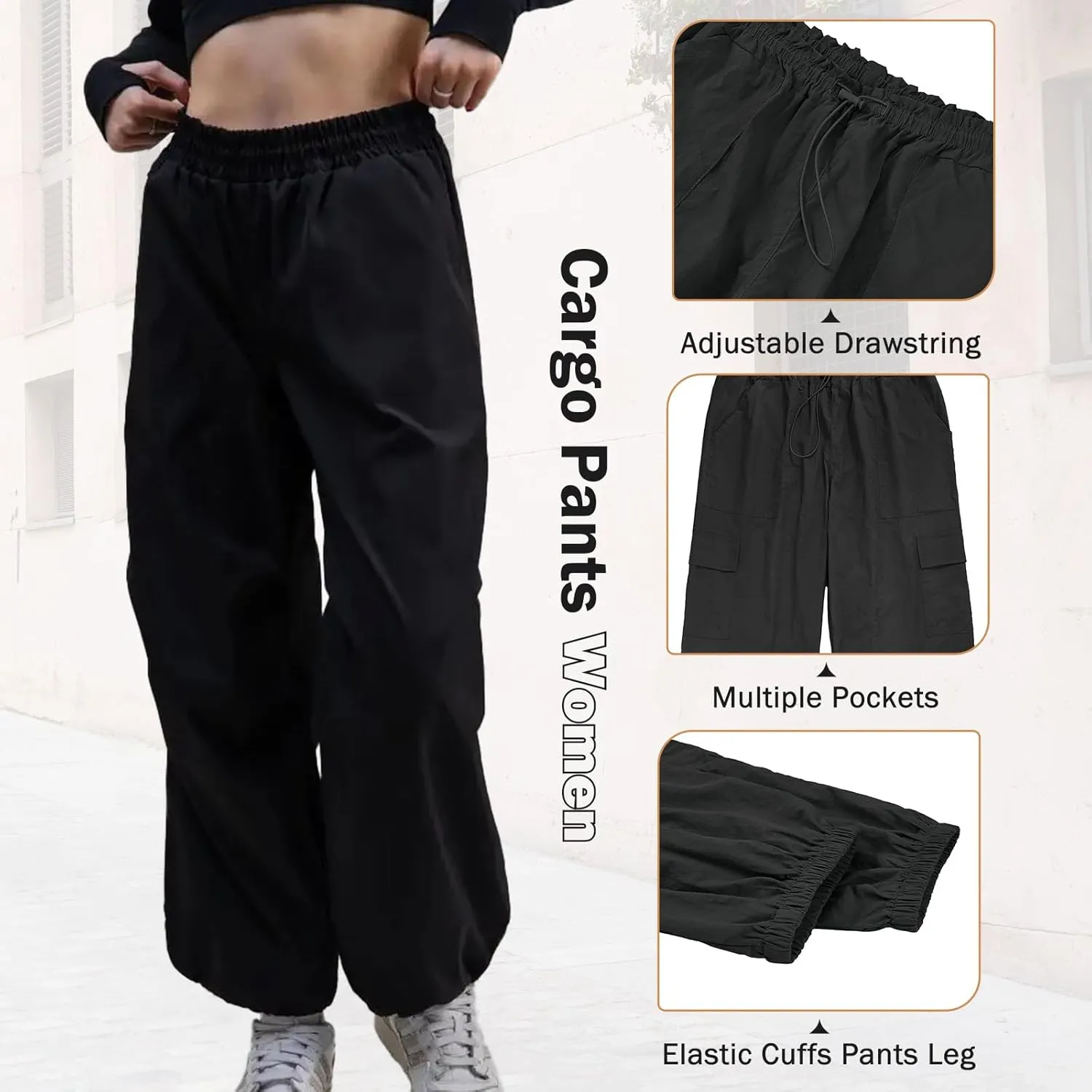 American Trends Parachute Cargo Pants - Women's Y2K Streetwear with Multiple Pockets