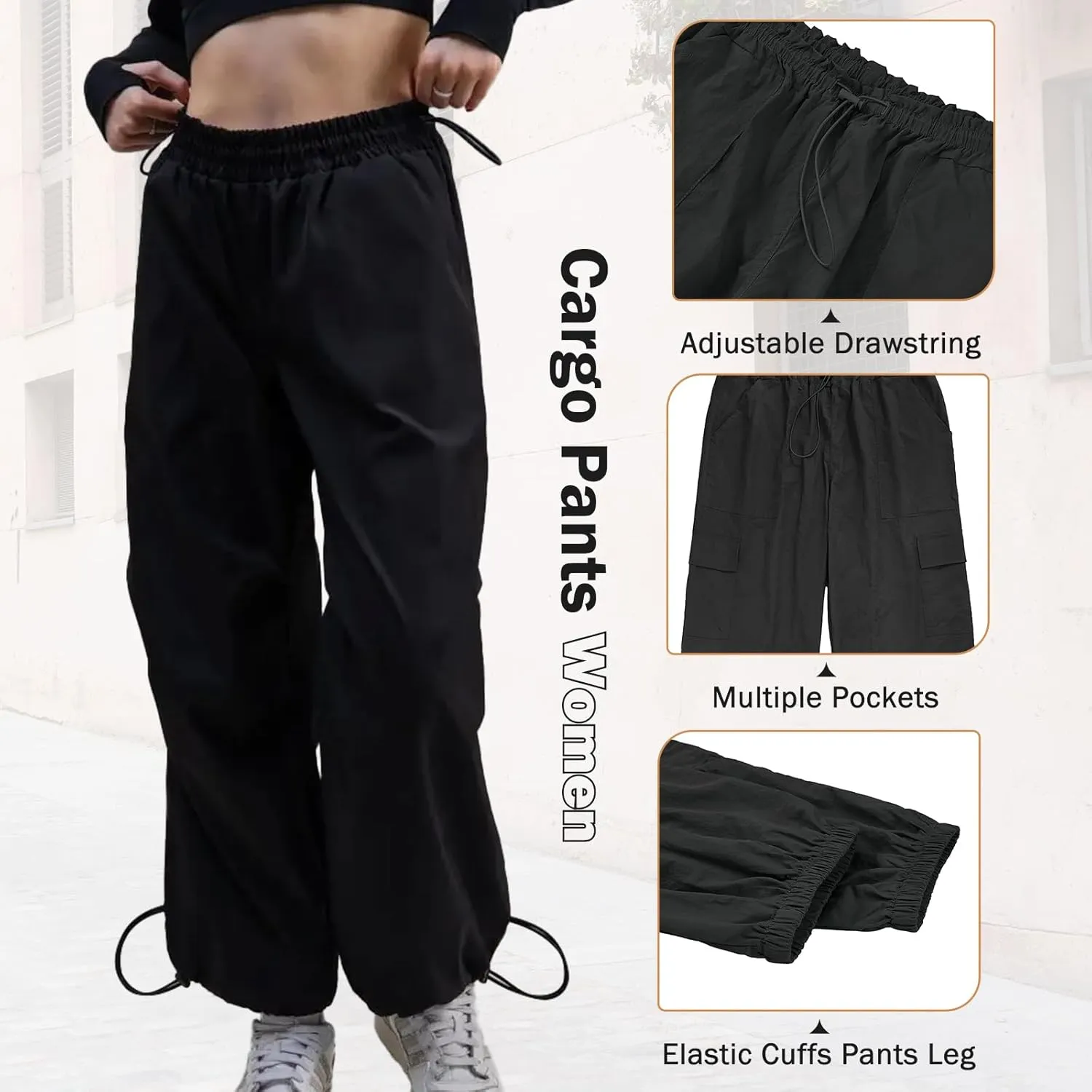 American Trends Parachute Cargo Pants - Women's Y2K Streetwear with Multiple Pockets