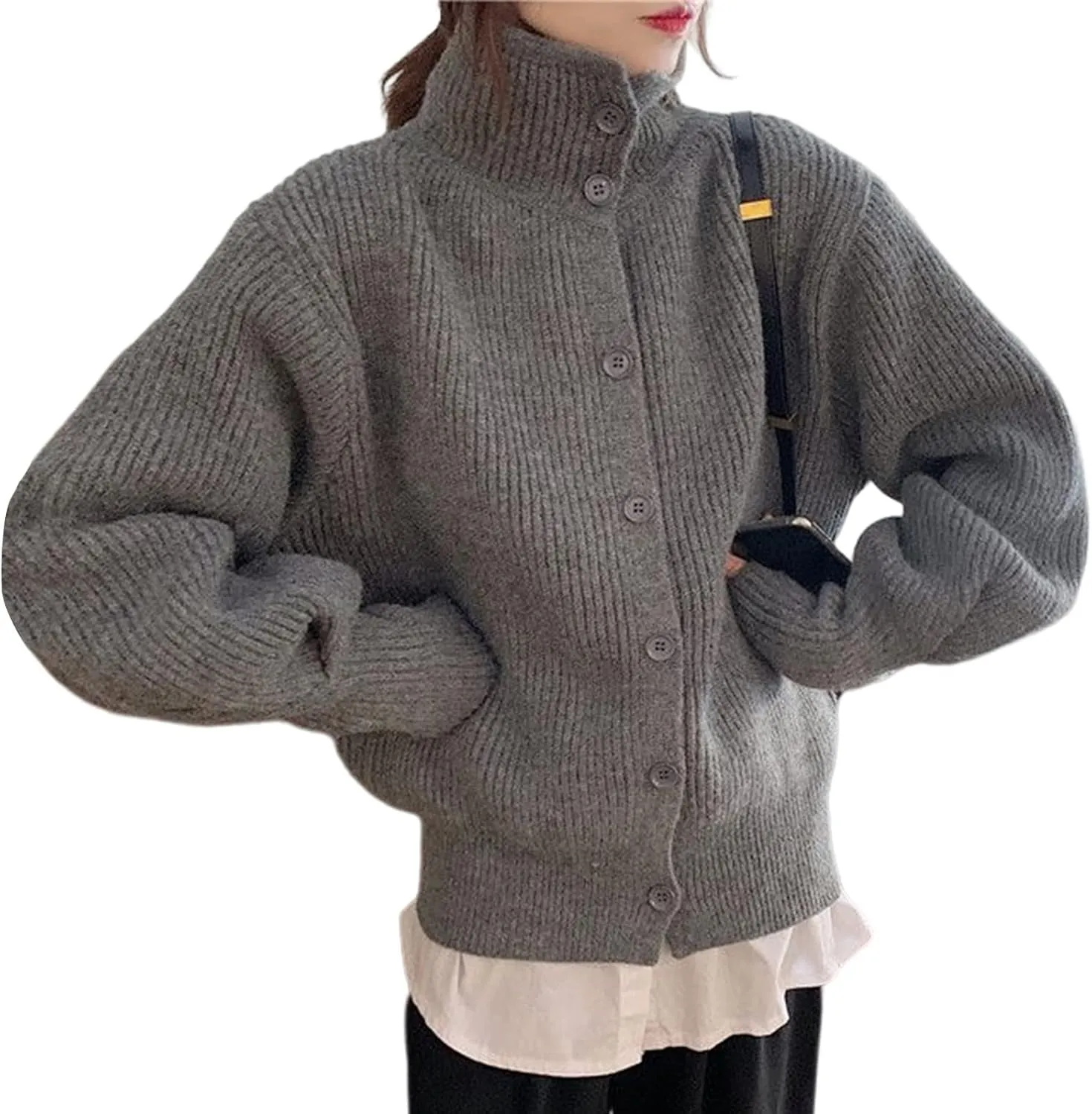 Arssm Womens Cable Knit Sweater Button Turtle Neck Long Sleeve Casual Oversized Pullover Cardigans