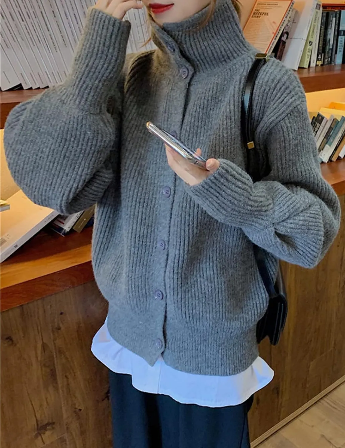 Arssm Womens Cable Knit Sweater Button Turtle Neck Long Sleeve Casual Oversized Pullover Cardigans