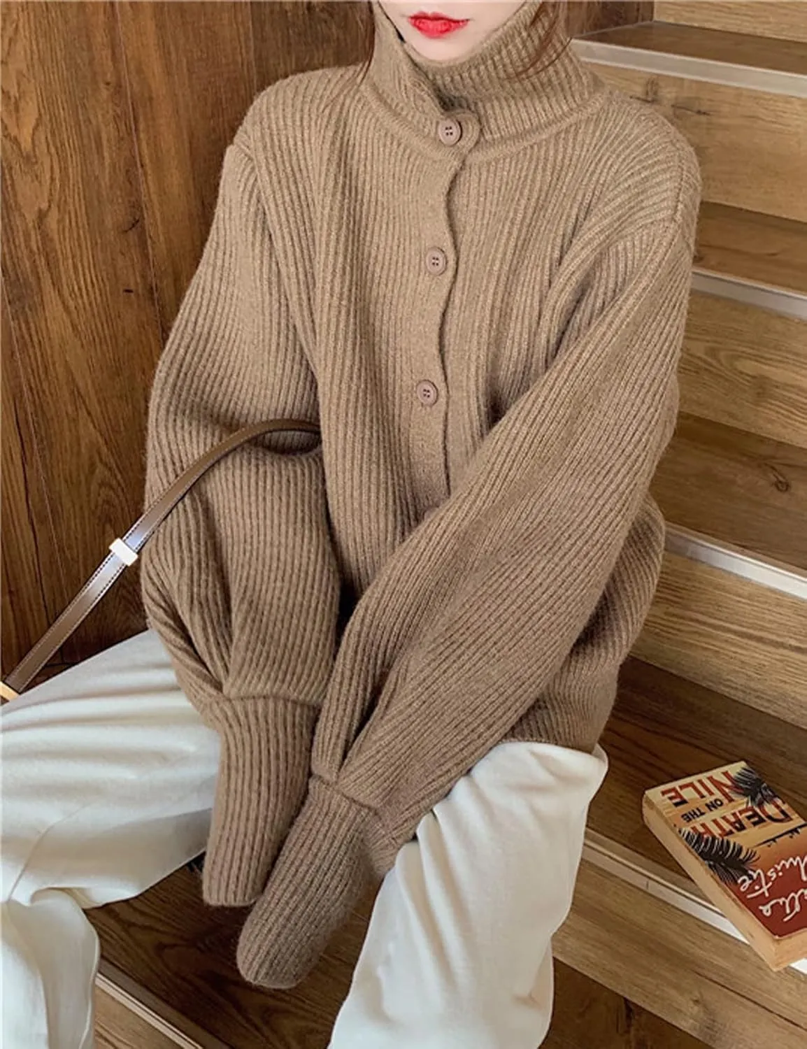 Arssm Womens Cable Knit Sweater Button Turtle Neck Long Sleeve Casual Oversized Pullover Cardigans