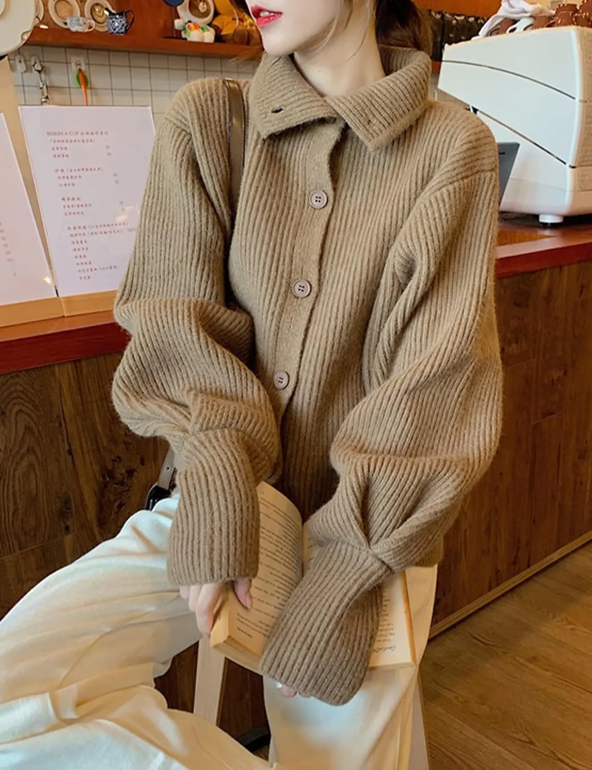 Arssm Womens Cable Knit Sweater Button Turtle Neck Long Sleeve Casual Oversized Pullover Cardigans