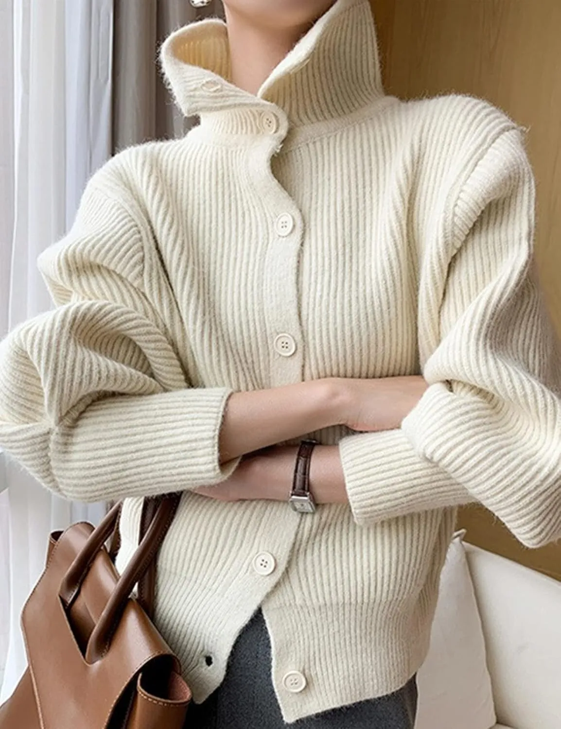 Arssm Womens Cable Knit Sweater Button Turtle Neck Long Sleeve Casual Oversized Pullover Cardigans