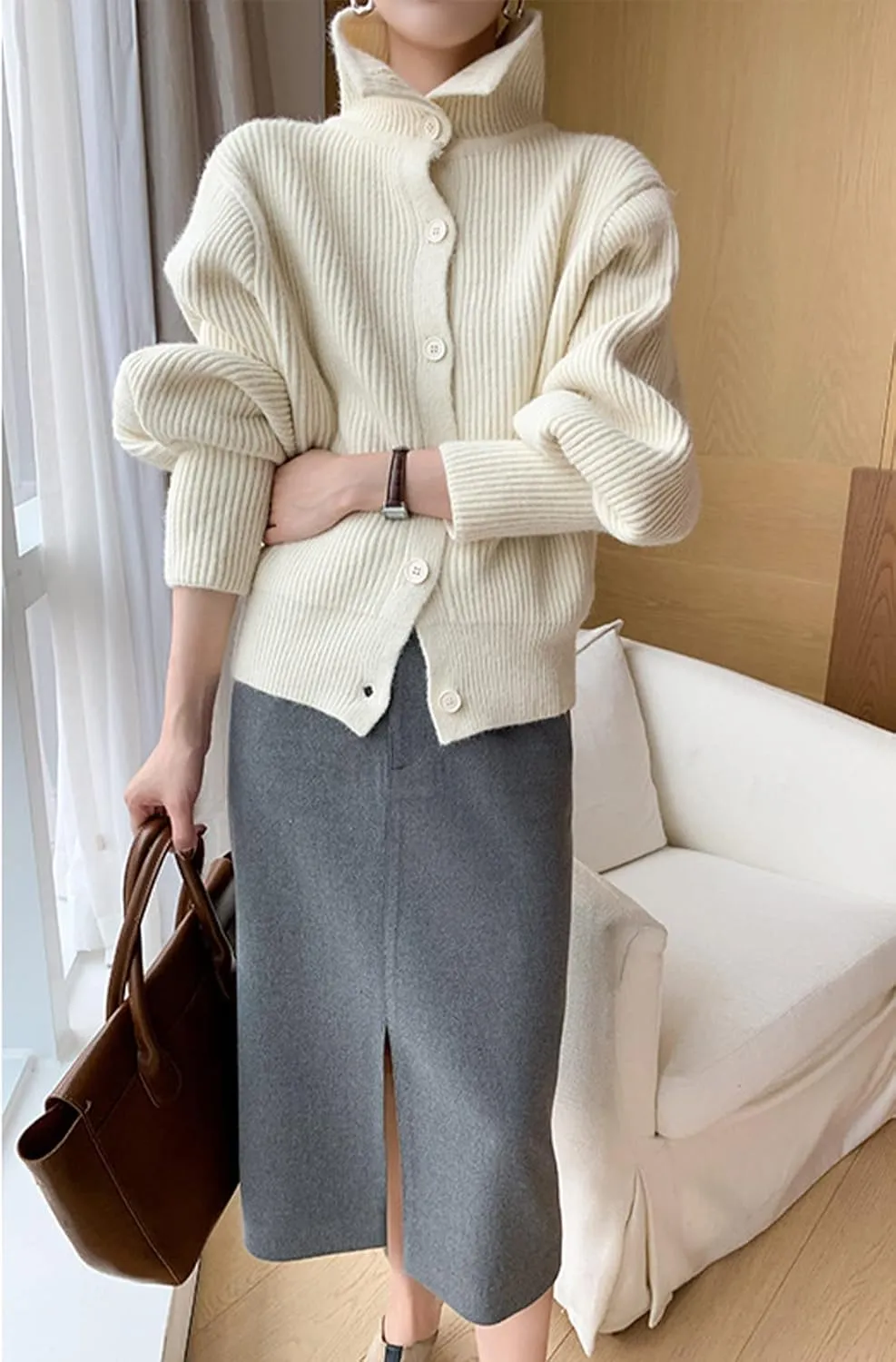 Arssm Womens Cable Knit Sweater Button Turtle Neck Long Sleeve Casual Oversized Pullover Cardigans