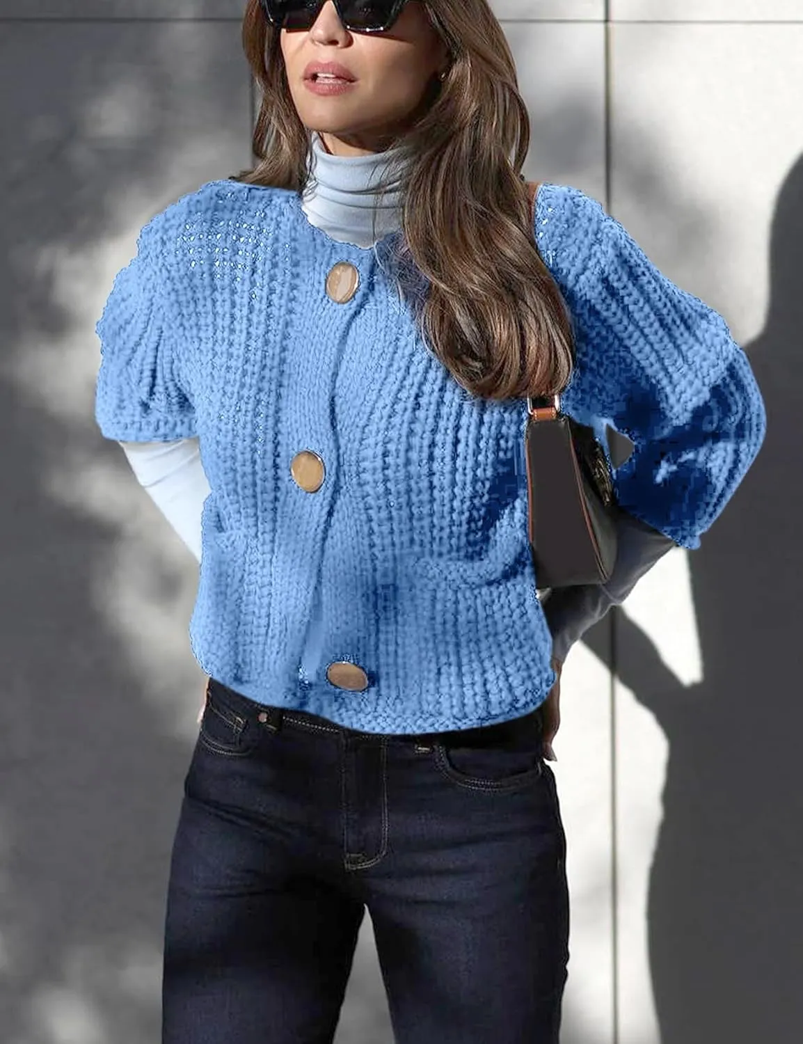 Arssm Womens Cropped Cardigan Sweaters Chunky Open Front Button Down Knit Sweater Long Sleeve Loose Cardigan Outerwear