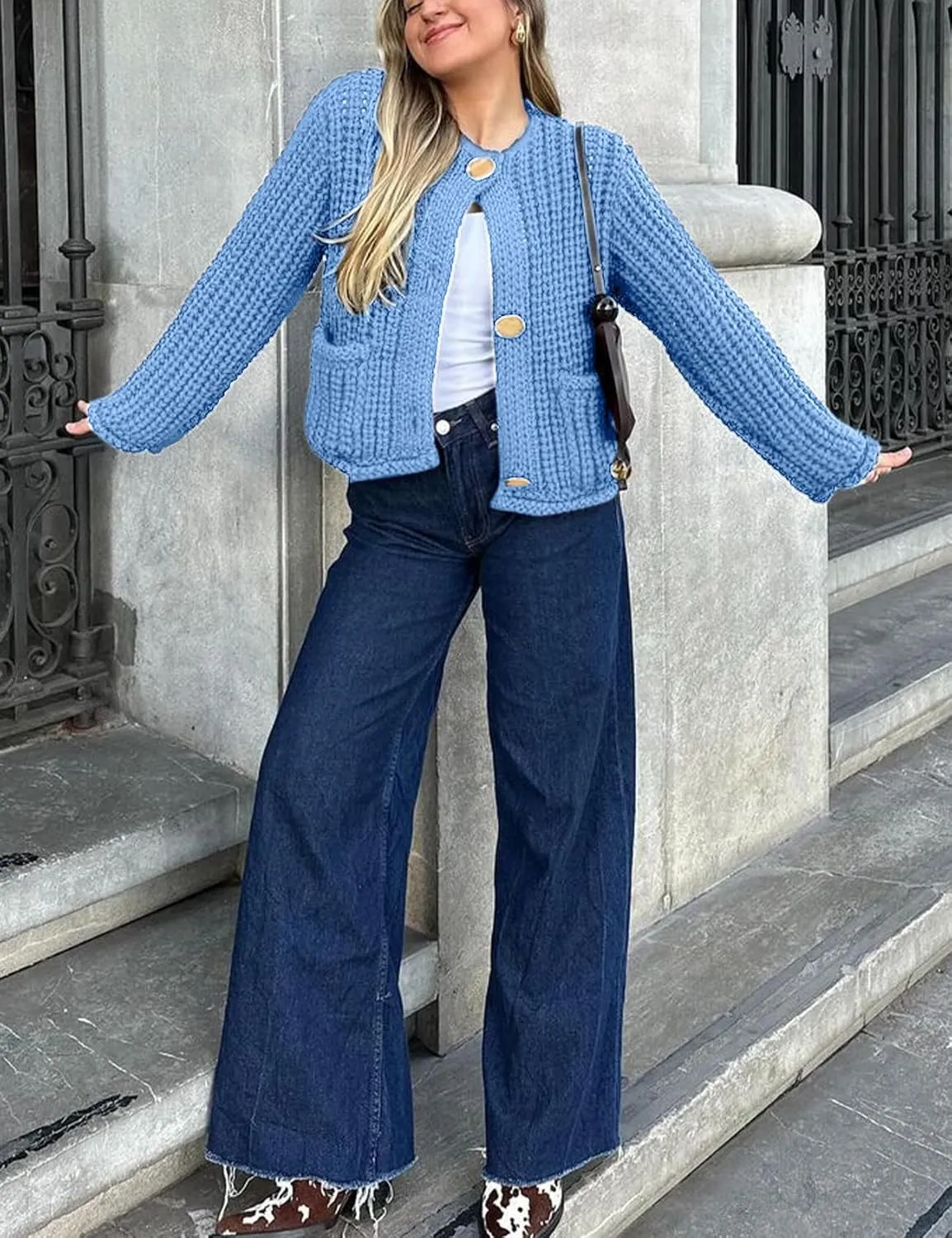 Arssm Womens Cropped Cardigan Sweaters Chunky Open Front Button Down Knit Sweater Long Sleeve Loose Cardigan Outerwear