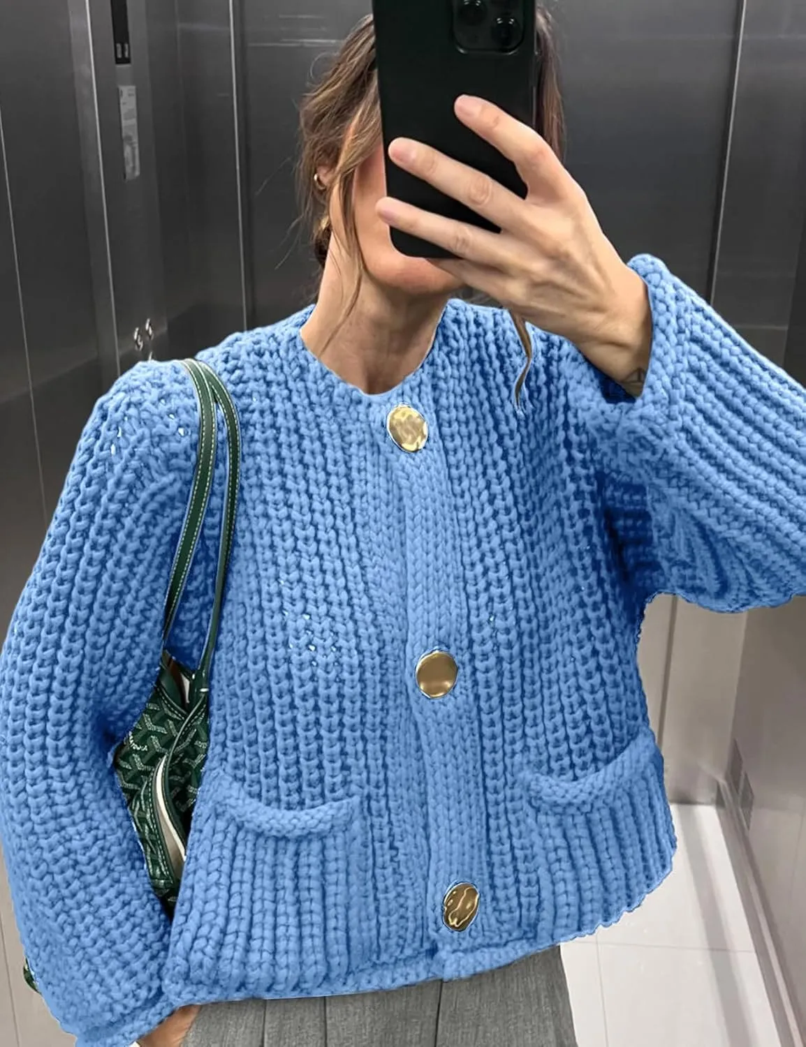 Arssm Womens Cropped Cardigan Sweaters Chunky Open Front Button Down Knit Sweater Long Sleeve Loose Cardigan Outerwear