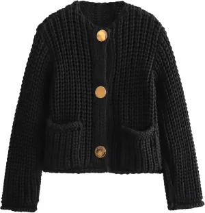 Arssm Womens Cropped Cardigan Sweaters Chunky Open Front Button Down Knit Sweater Long Sleeve Loose Cardigan Outerwear