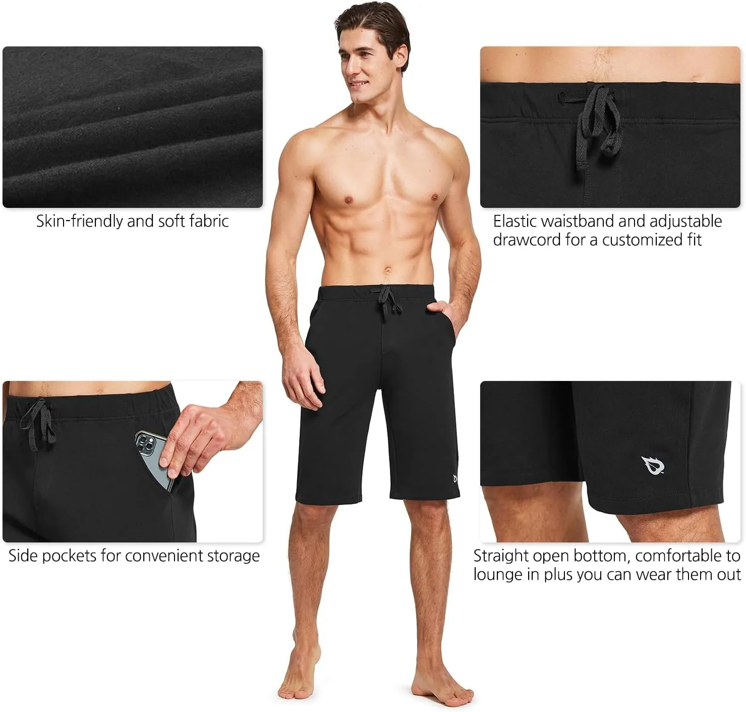 baleaf Men's Long Shorts Cotton Below Knee Yoga Workout Pajama Lounge Athletic Sweat Jersey Shorts with Pockets