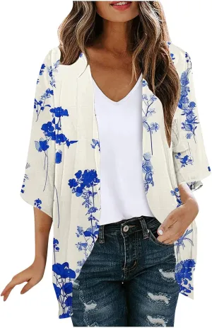 Beach Coverups for Women Floral Printed 3/4 Sleeve Kimono Loose Open Front Cardigan Summer Vacation Outfits