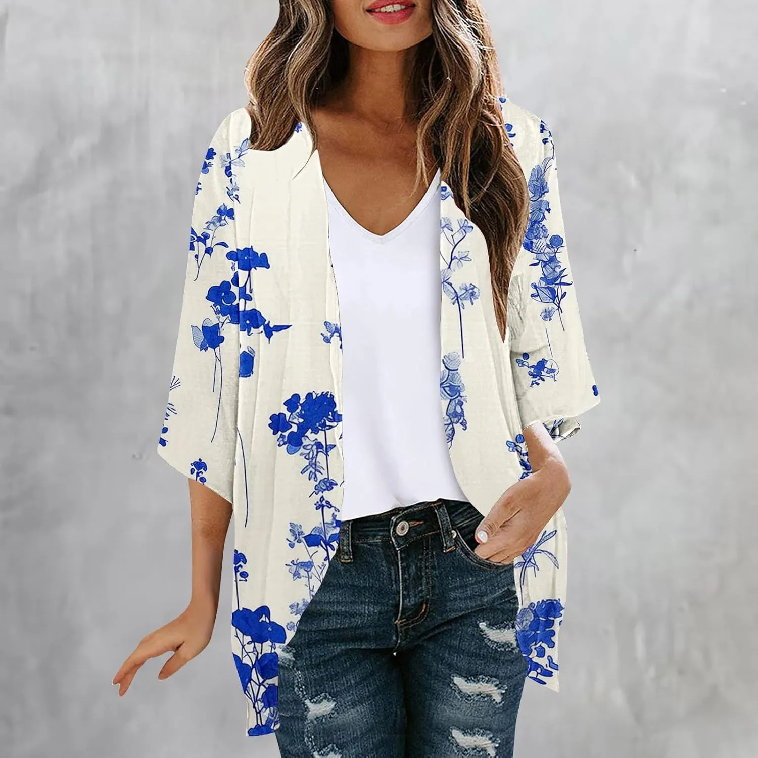 Beach Coverups for Women Floral Printed 3/4 Sleeve Kimono Loose Open Front Cardigan Summer Vacation Outfits
