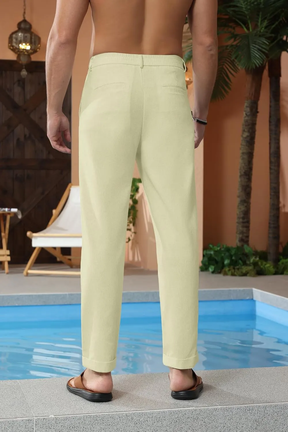 Beotyshow Mens Linen Pants Casual Elastic Waist Trousers Summer Beach Lightweight Pants