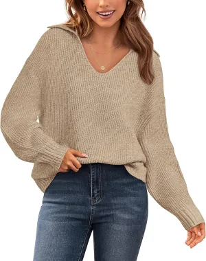 BTFBM Women's 2024 Fall Winter Sweaters Long Sleeve V Neck Lapel Collar Casual Pullover Oversized Knitted Jumper Tops