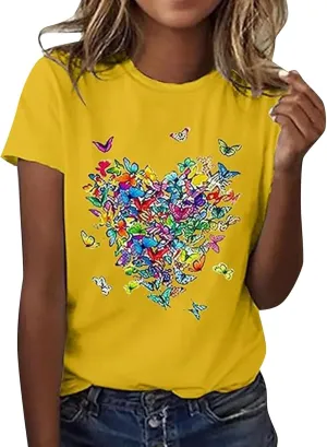 Butterfly Printed Tops for Women Baggy Oversize Short Sleeve T Shirts Crew Neck Casual Trendy Cooling Comfort Pullover
