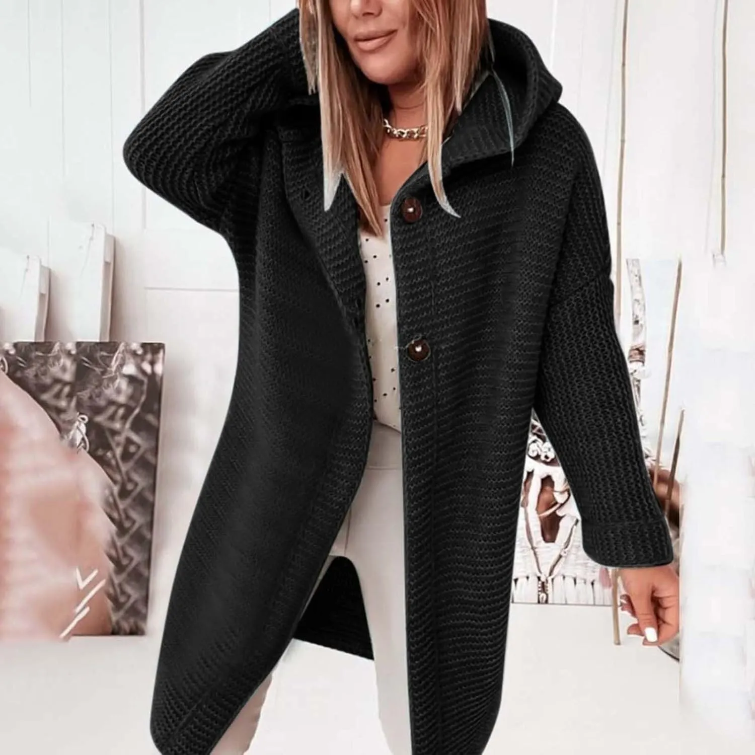 Cardigans for Women with Hood Elegant Wrap Jacket Chunky Knit Cardigan Long Sleeve Knitted Jumper Knitted Coat Casual Jumper