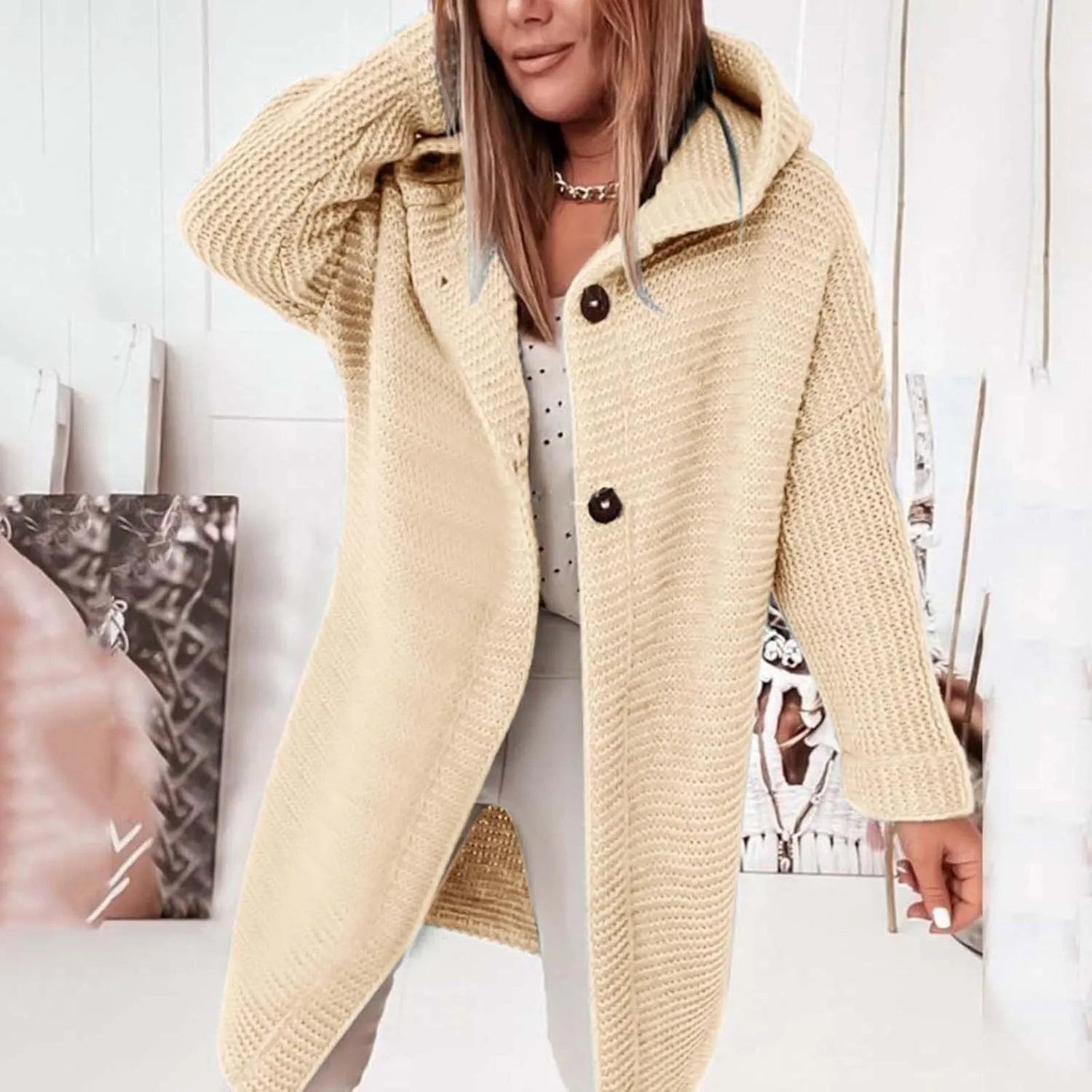 Cardigans for Women with Hood Elegant Wrap Jacket Chunky Knit Cardigan Long Sleeve Knitted Jumper Knitted Coat Casual Jumper