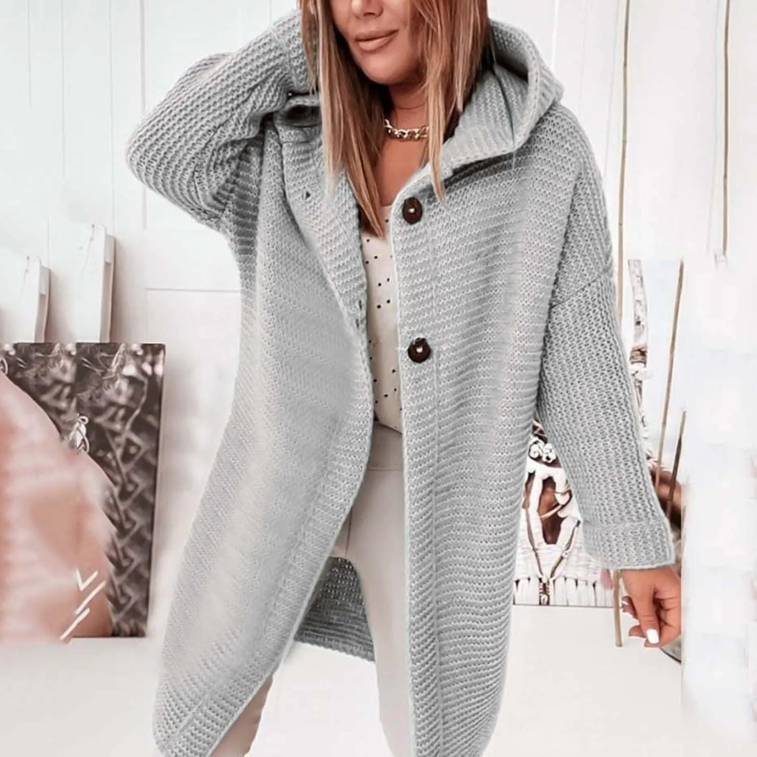 Cardigans for Women with Hood Elegant Wrap Jacket Chunky Knit Cardigan Long Sleeve Knitted Jumper Knitted Coat Casual Jumper