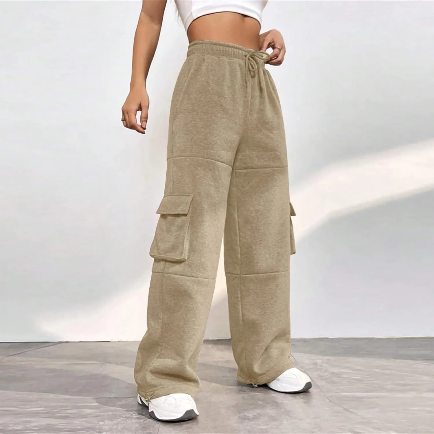 Cargo Sweatpants for Women Fleece Lined Joggers with Pockets Casual Drawstring High Waisted Pants Loose Baggy Sweatpants