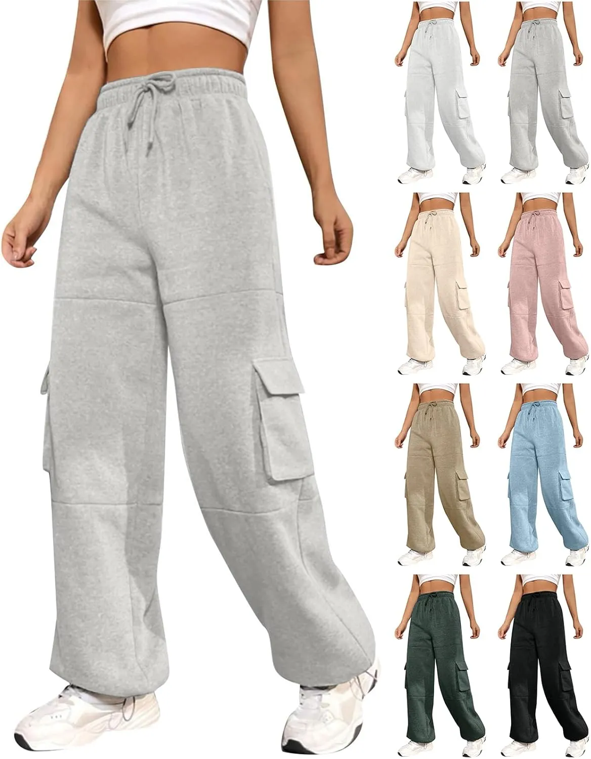 Cargo Sweatpants for Women Fleece Lined Joggers with Pockets Casual Drawstring High Waisted Pants Loose Baggy Sweatpants