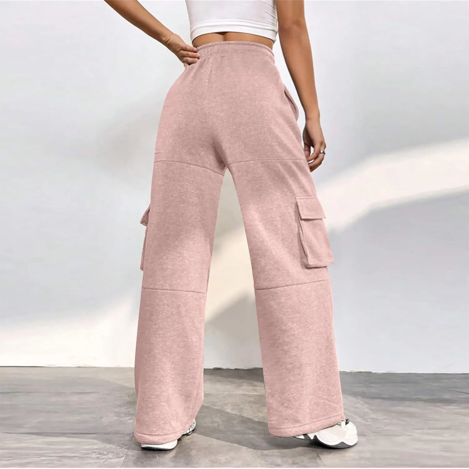 Cargo Sweatpants for Women Fleece Lined Joggers with Pockets Casual Drawstring High Waisted Pants Loose Baggy Sweatpants