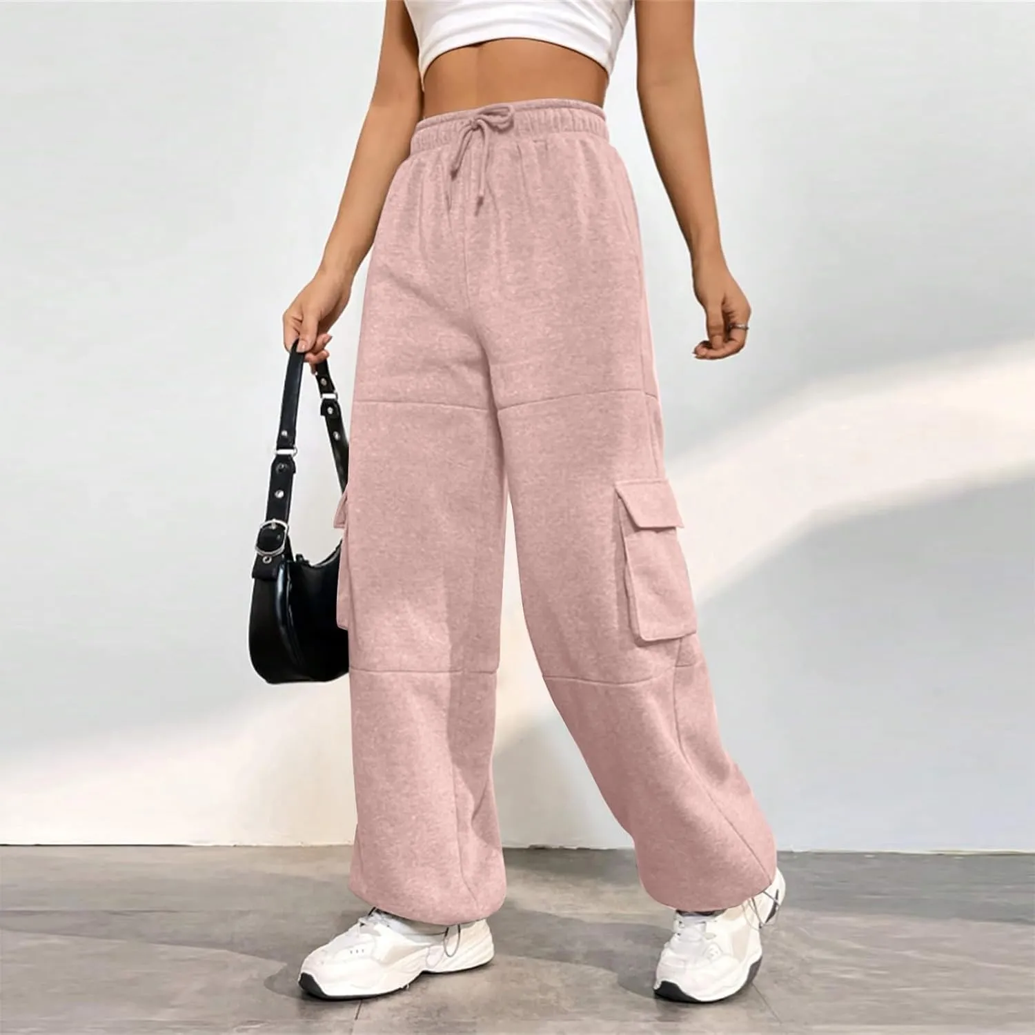 Cargo Sweatpants for Women Fleece Lined Joggers with Pockets Casual Drawstring High Waisted Pants Loose Baggy Sweatpants