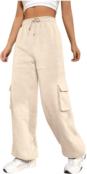 Cargo Sweatpants for Women Fleece Lined Joggers with Pockets Casual Drawstring High Waisted Pants Loose Baggy Sweatpants