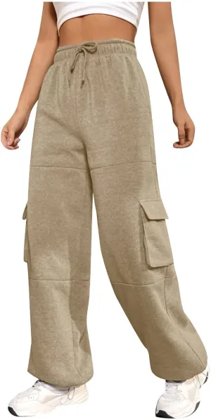 Cargo Sweatpants for Women Fleece Lined Joggers with Pockets Casual Drawstring High Waisted Pants Loose Baggy Sweatpants