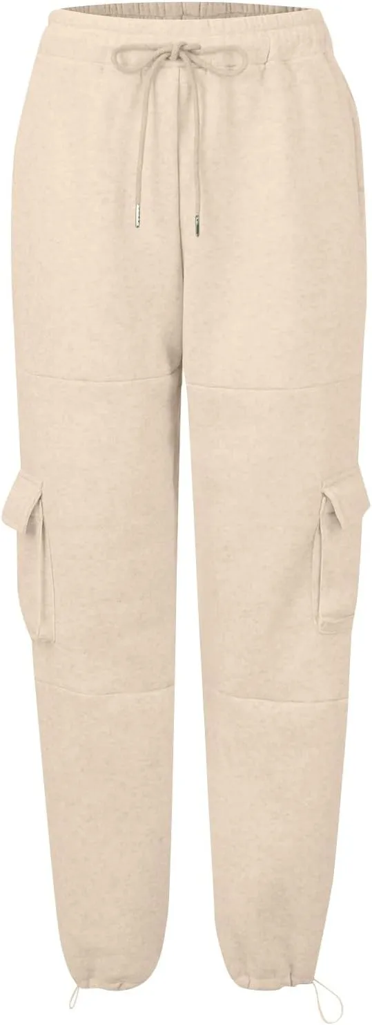 Cargo Sweatpants for Women Fleece Lined Joggers with Pockets Casual Drawstring High Waisted Pants Loose Baggy Sweatpants