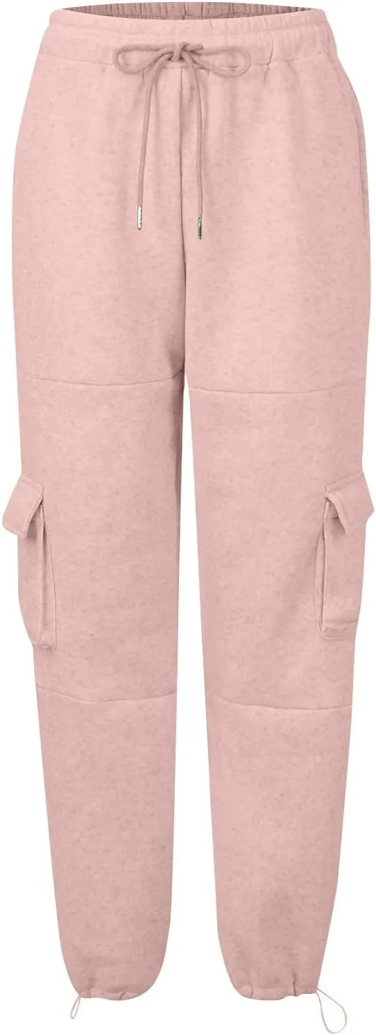 Cargo Sweatpants for Women Fleece Lined Joggers with Pockets Casual Drawstring High Waisted Pants Loose Baggy Sweatpants