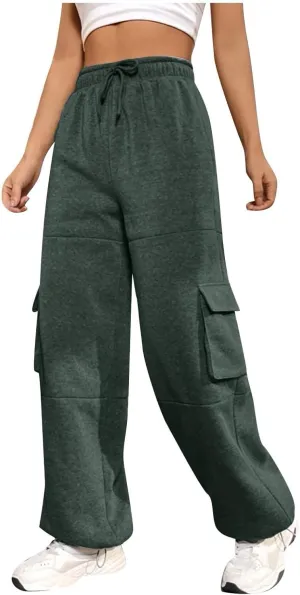 Cargo Sweatpants for Women Fleece Lined Joggers with Pockets Casual Drawstring High Waisted Pants Loose Baggy Sweatpants