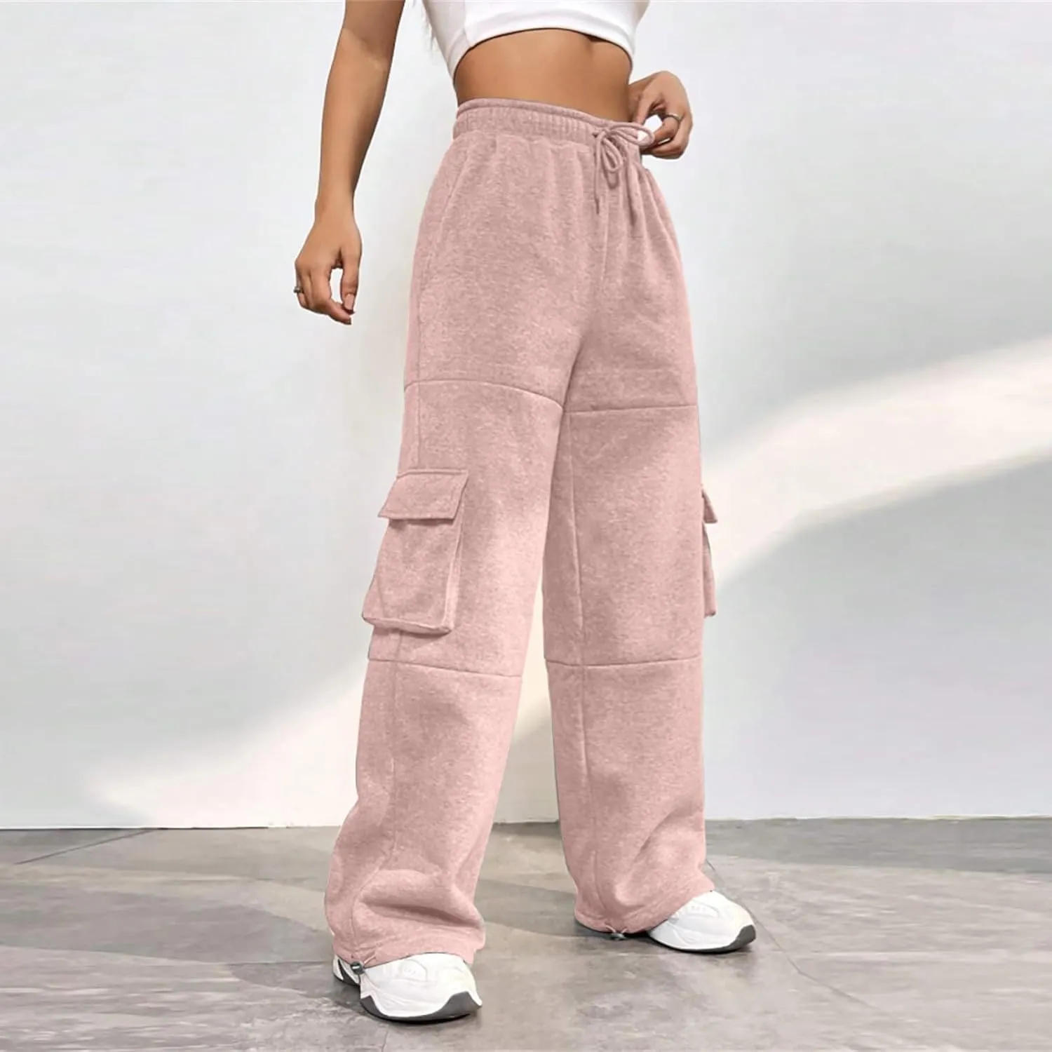 Cargo Sweatpants for Women Fleece Lined Joggers with Pockets Casual Drawstring High Waisted Pants Loose Baggy Sweatpants
