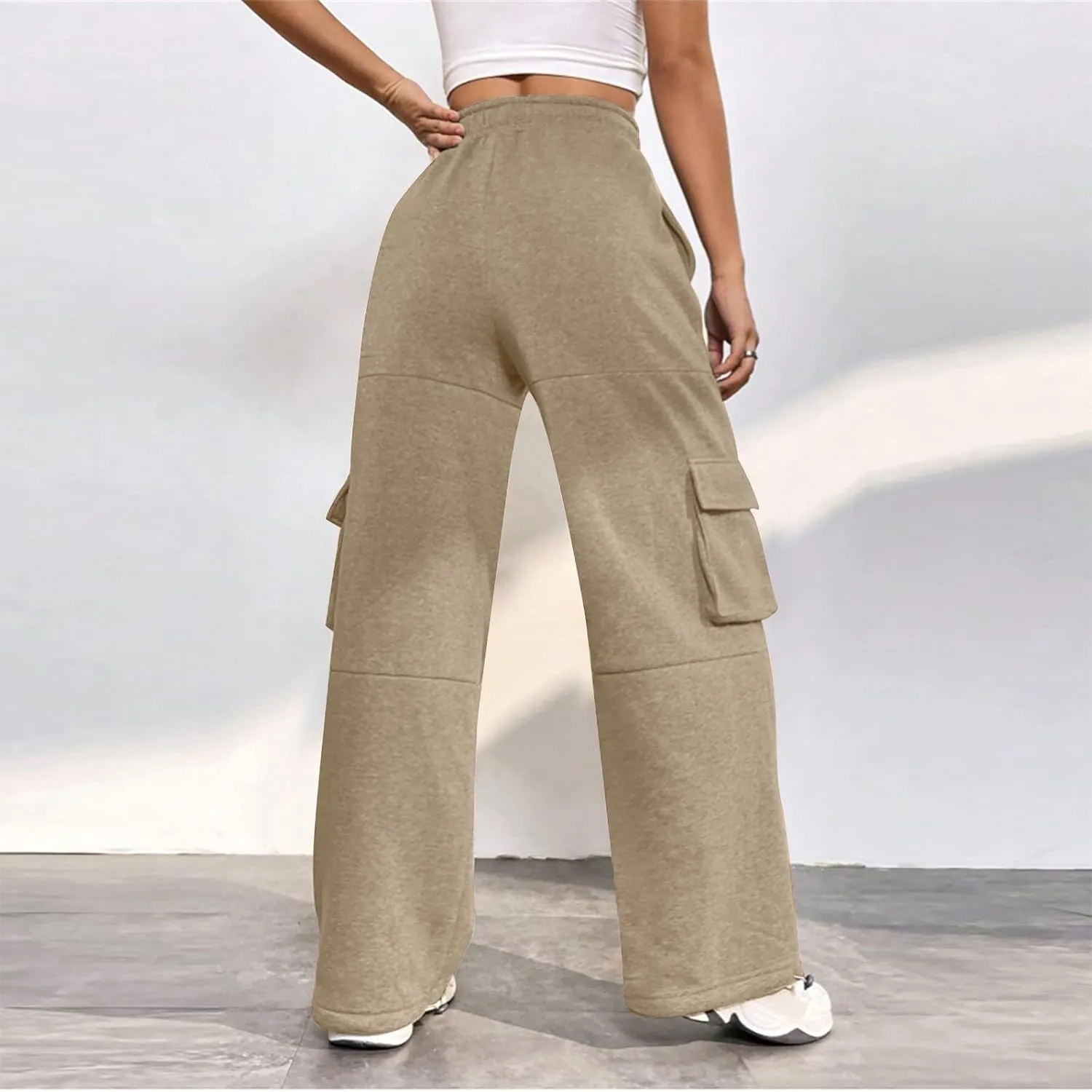 Cargo Sweatpants for Women Fleece Lined Joggers with Pockets Casual Drawstring High Waisted Pants Loose Baggy Sweatpants