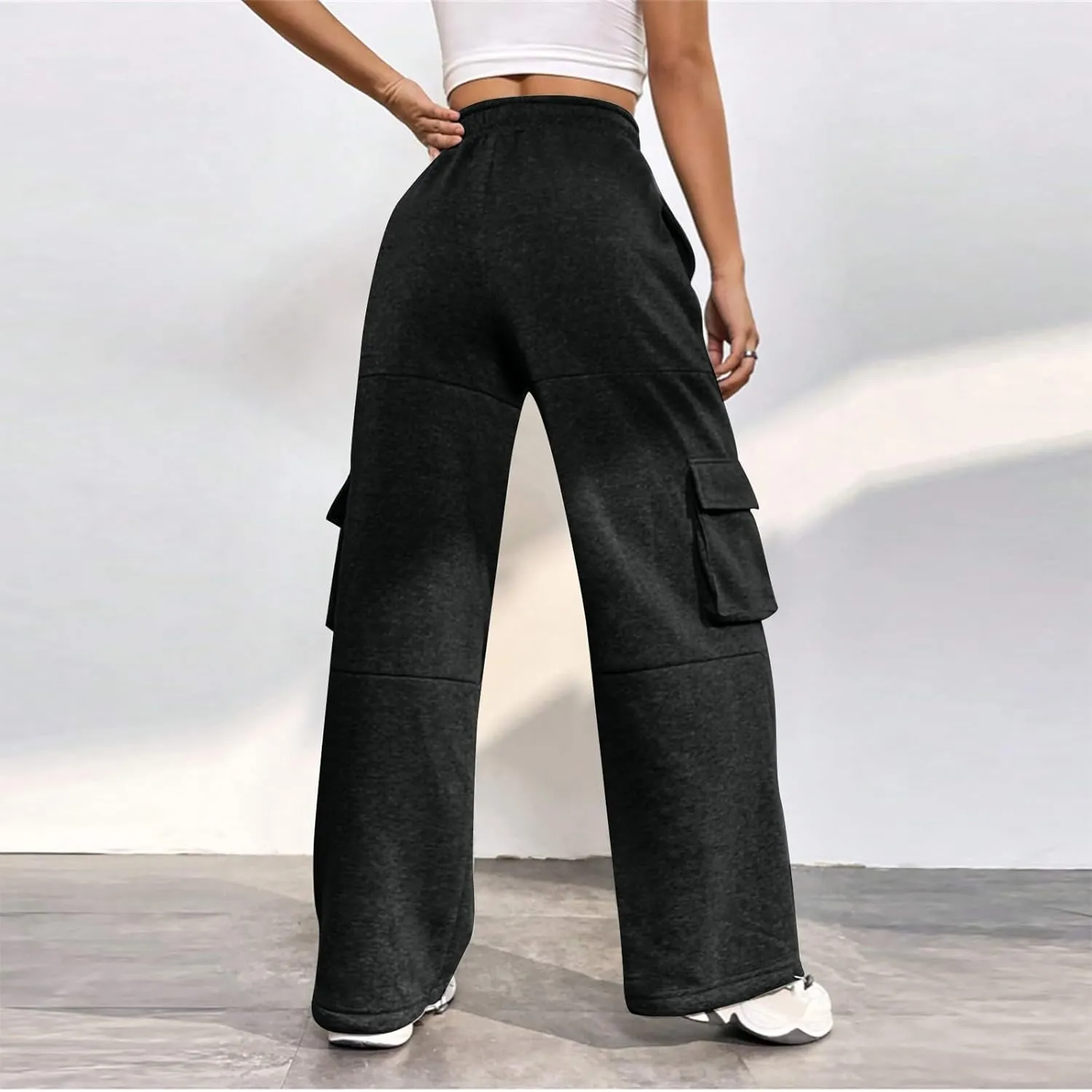 Cargo Sweatpants for Women Fleece Lined Joggers with Pockets Casual Drawstring High Waisted Pants Loose Baggy Sweatpants