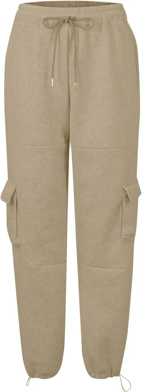 Cargo Sweatpants for Women Fleece Lined Joggers with Pockets Casual Drawstring High Waisted Pants Loose Baggy Sweatpants