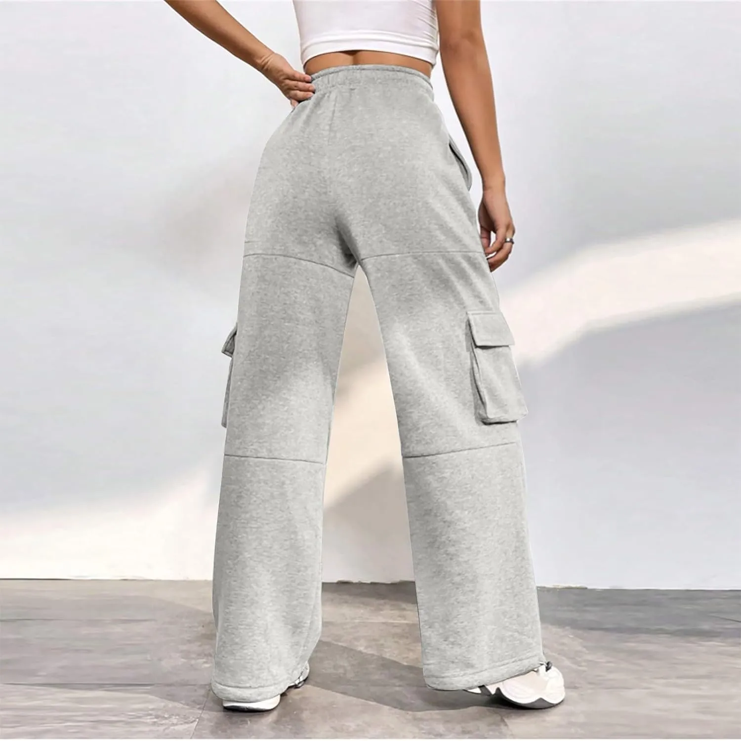 Cargo Sweatpants for Women Fleece Lined Joggers with Pockets Casual Drawstring High Waisted Pants Loose Baggy Sweatpants