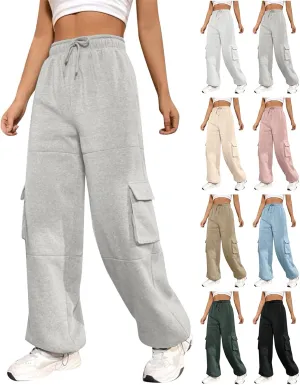 Cargo Sweatpants for Women Fleece Lined Joggers with Pockets Casual Drawstring High Waisted Pants Loose Baggy Sweatpants