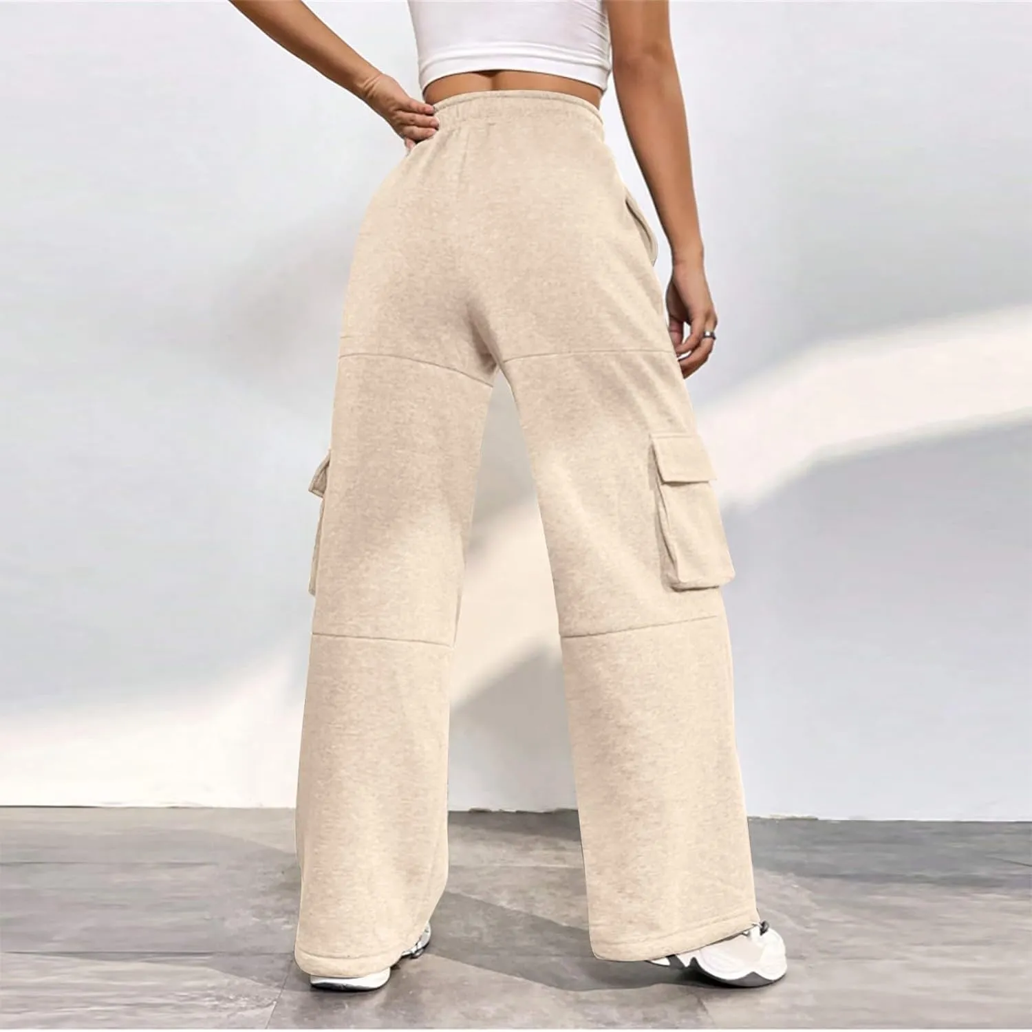 Cargo Sweatpants for Women Fleece Lined Joggers with Pockets Casual Drawstring High Waisted Pants Loose Baggy Sweatpants