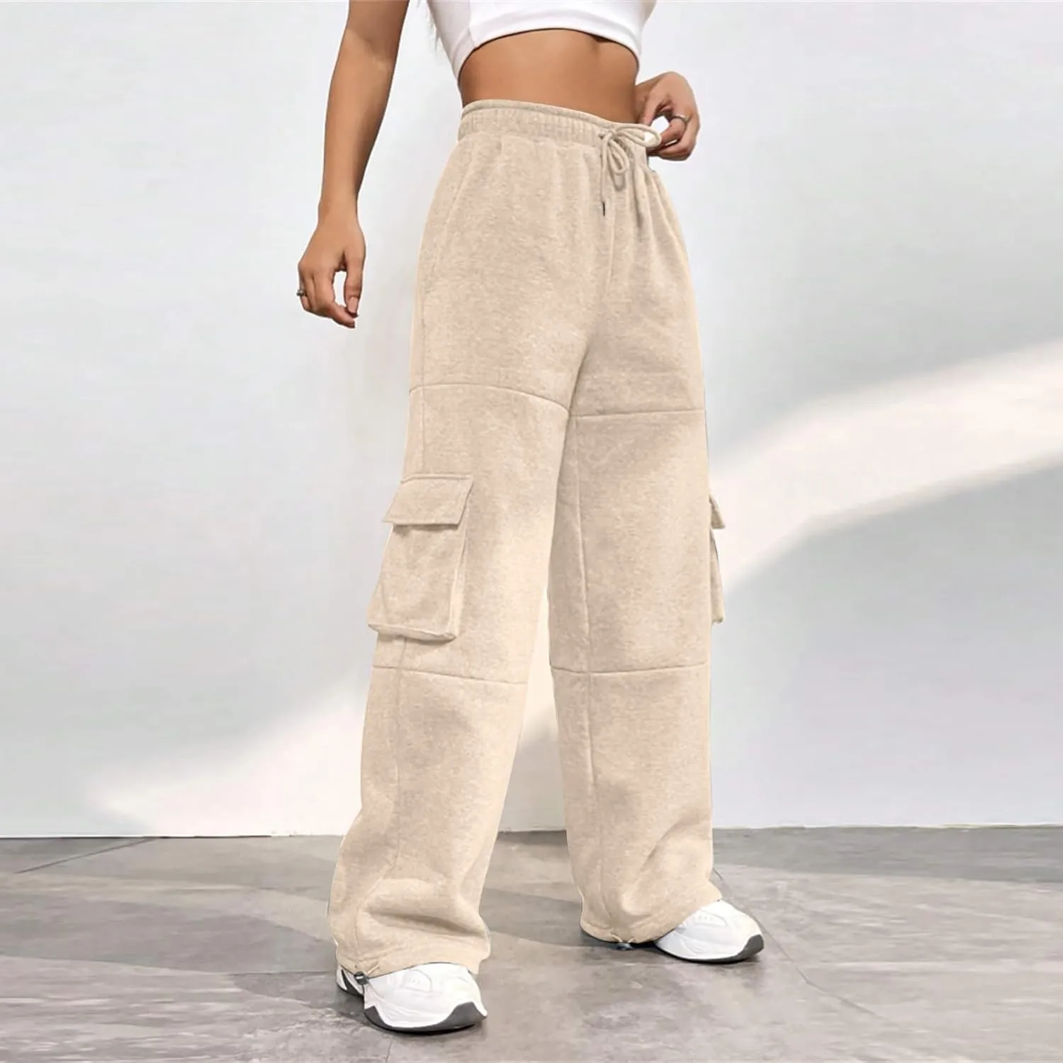Cargo Sweatpants for Women Fleece Lined Joggers with Pockets Casual Drawstring High Waisted Pants Loose Baggy Sweatpants