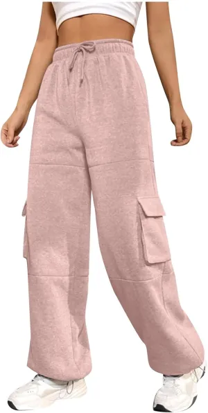 Cargo Sweatpants for Women Fleece Lined Joggers with Pockets Casual Drawstring High Waisted Pants Loose Baggy Sweatpants