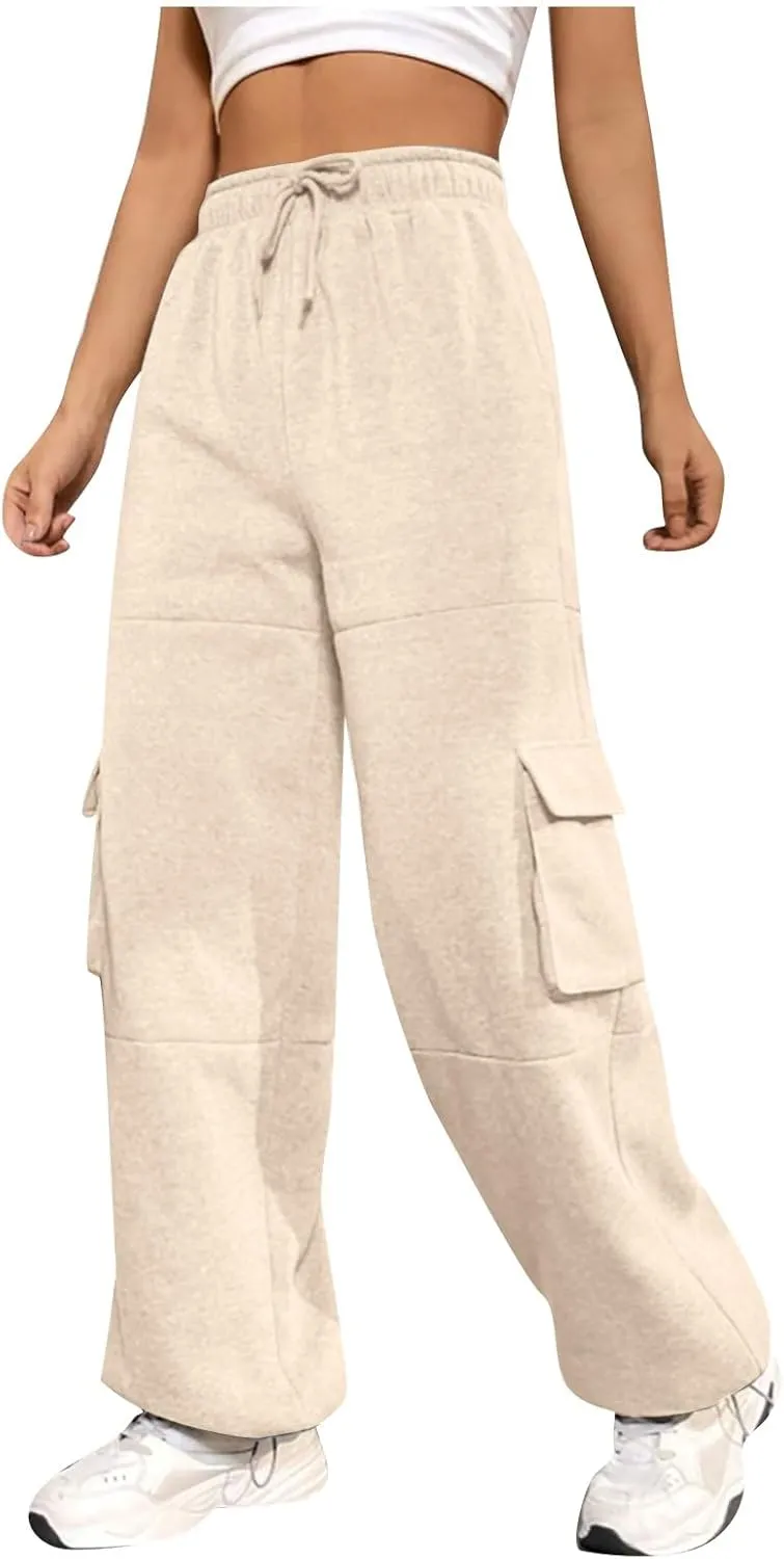 Cargo Sweatpants for Women Fleece Lined Joggers with Pockets Casual Drawstring High Waisted Pants Loose Baggy Sweatpants