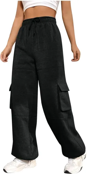Cargo Sweatpants for Women Fleece Lined Joggers with Pockets Casual Drawstring High Waisted Pants Loose Baggy Sweatpants